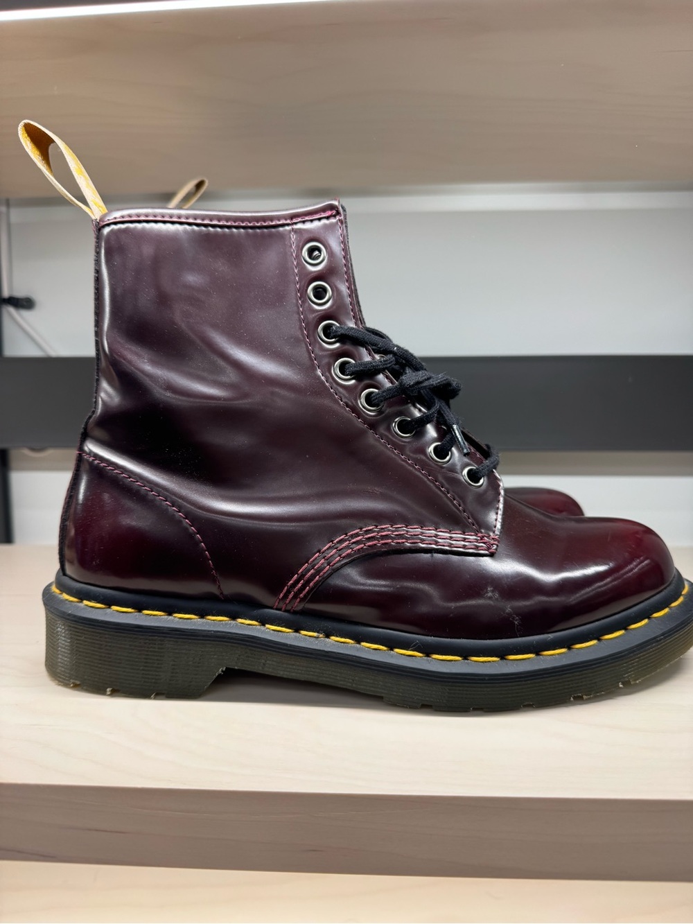 Dr. Martens Women's Burgundy Leather Lace-Up Combat Boots with Yellow Stitching